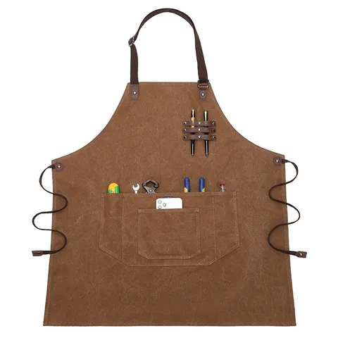 Canvas Work Apron With Multi Pockets Adjustable Cross Straps Tool Pockets Utility Apron For Gardening Cafe Cooking