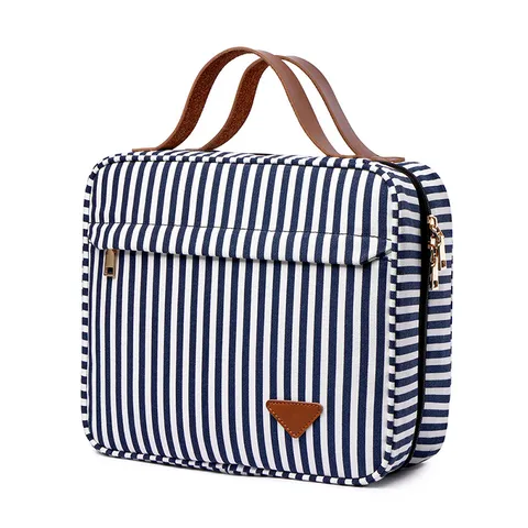 Casual Canvas Striped Cosmetic Bag Large Capacity Portable Multilayer Travel Toiletry Organizer Handbag For Women