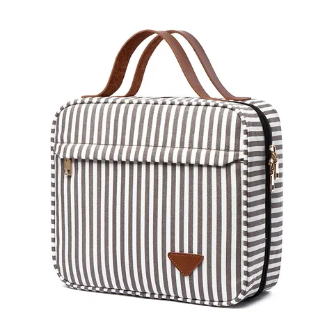 Casual Canvas Striped Cosmetic Bag Large Capacity Portable Multilayer Travel Toiletry Organizer Handbag For Women