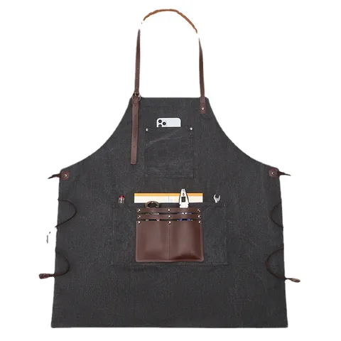 Canvas Work Apron With Multiple Pockets Adjustable Leather Straps Heavy Duty Utility Apron For Chef Garden Barista