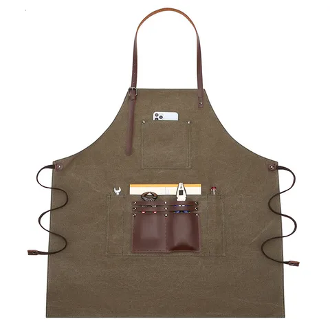 Canvas Work Apron With Multiple Pockets Adjustable Leather Straps Heavy Duty Utility Apron For Chef Garden Barista
