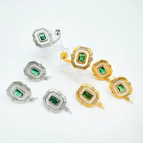 Vintage Rectangle Emerald Gemstone Pendant Without Chain Gold Plated Mother Of Pearl Rhinestone DIY Jewelry Accessories For Women