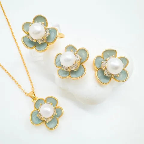 Luxury Gold Plated Copper Camellia Pendant Freshwater Pearl Rhinestone Flower Earrings Studs Ring Elegant Women Jewelry Set Accessories