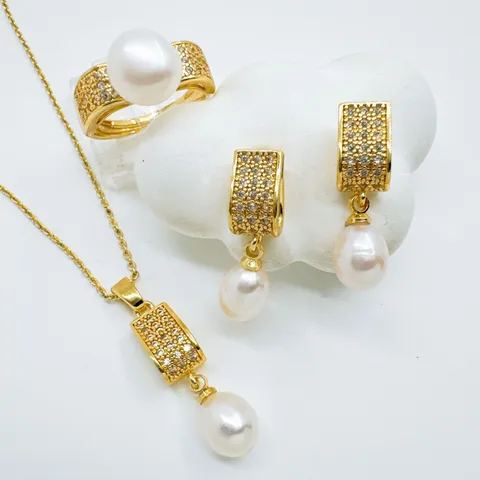 18K Gold Plated Copper Pearl Jewelry Set Women DIY Pendant Earrings Ring Accessories Wedding Elegant Rhinestone Inlaid Jewelry