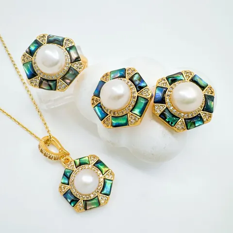 Hexagonal Natural Mother Of Pearl Jewelry Set Copper Gold Silver Plated Rhinestone Pendant Earrings Ring For Women Vintage DIY Jewelry Accessory