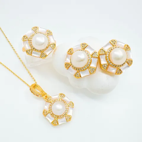 Hexagonal Natural Mother Of Pearl Jewelry Set Copper Gold Silver Plated Rhinestone Pendant Earrings Ring For Women Vintage DIY Jewelry Accessory