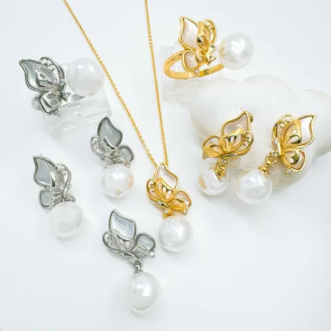 Elegant Copper Gold Plated Butterfly Shell Pendant Earrings Ring Fashion Rhinestone Jewelry Accessories For Women DIY