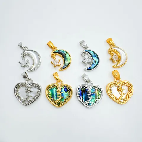 Pendente Cuore Luna in Rame Ecologico Madreperla Naturale Strass Placcato Oro Argento Accessori per Collana Fai da Te Donna