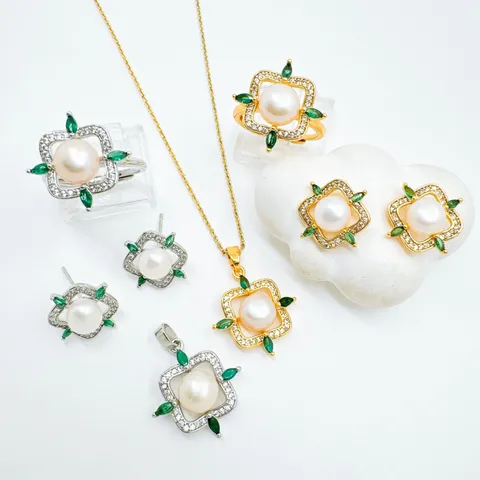 Luxus Vintage Süßwasserperle Schmuckset Grün Strass Eingelegt Gold Silber Vergoldet Anhänger Ohrringe Ring Für Damen