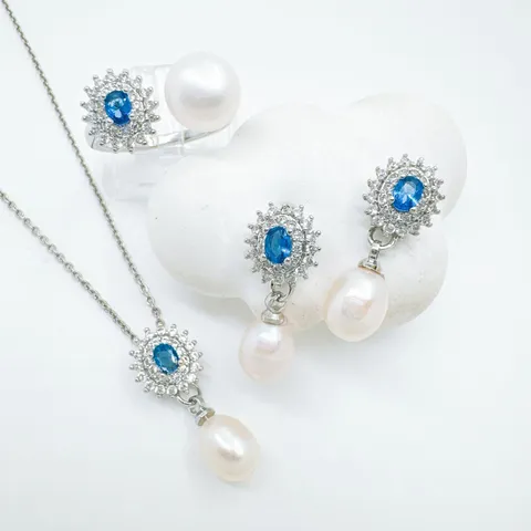 Vintage Pierre Bleue Grappe Strass Perle Artificielle Pendentif Collier Boucles Oreilles Clous Bague Cuivre Plaqué Or Accessoire Bijoux DIY