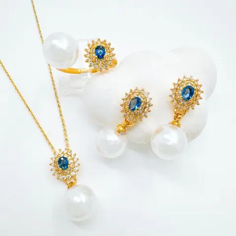 Vintage Pierre Bleue Grappe Strass Perle Artificielle Pendentif Collier Boucles Oreilles Clous Bague Cuivre Plaqué Or Accessoire Bijoux DIY