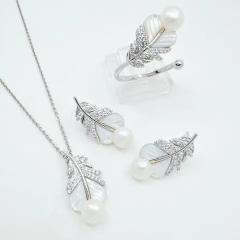 Gold Plated Copper Feather Pendant Necklace Rhinestone Freshwater Pearl Natural Mother of Pearl Earrings Open Ring Jewelry For Women