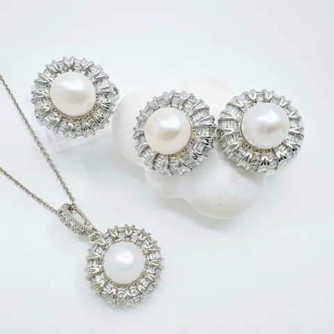 Vintage Francese Geometrico Tondo Accessori per Gioielli Rame Strass Perla Artificiale Ciondolo Orecchini Anello per Donna