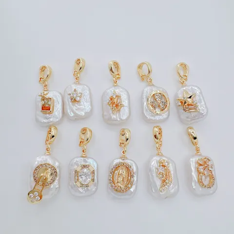 Light Luxury Copper Gold Plated Baroque Freshwater Pearl Pendant Universal Clasp Rhinestone Clover Heart Star Jewelry Charm
