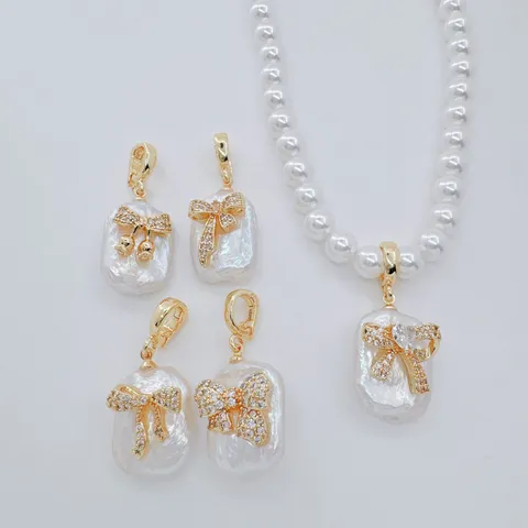 18K Vergoldet Kupfer Süßwasserperle Schleife Anhänger Charm Barock Stil Strass Eingelegt Multifunktions Verschluss Schmuck DIY Zubehör Für Halsketten Damen