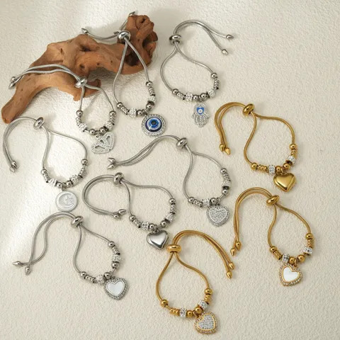 Pulsera Ajustable de Acero Inoxidable con Corazón y Ojo Turco para Mujer Bañado en Oro 18K Árbol de la Vida Cruz Llave Candado Joyería