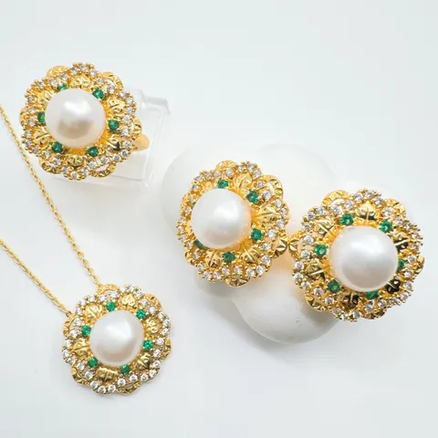 Conjunto de Collar de Perlas de Agua Dulce Vintage de Lujo para Mujer Collar con Colgante de Flor de Strass Oro Plata Pendientes Anillo Joyería
