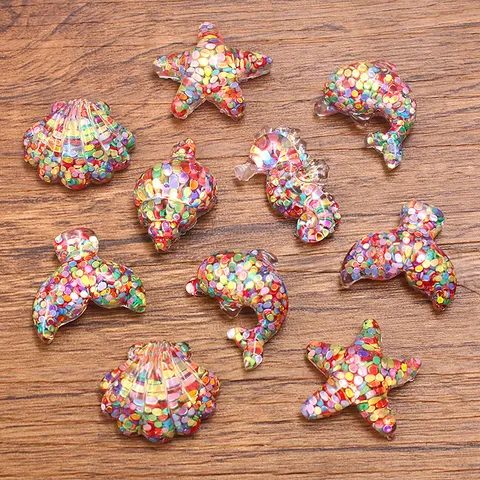 DIY Resin Ocean Charms For Phone Case Decoration Colorful Sequin Seahorse Starfish Dolphin Shell Fish Tail Accessories