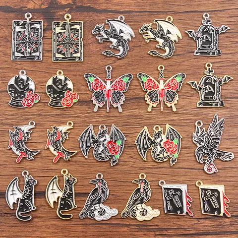Breloques Halloween en Alliage Émaillé DIY Pendentifs Gothiques Chauve-souris Corbeau Dragon Papillon pour Création de Bijoux Colliers Bracelets