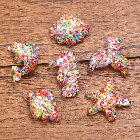 DIY Resin Ocean Charms For Phone Case Decoration Colorful Sequin Seahorse Starfish Dolphin Shell Fish Tail Accessories