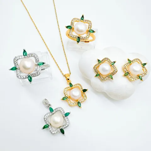 Luxus Vintage Süßwasserperle Schmuckset Grün Strass Eingelegt Gold Silber Vergoldet Anhänger Ohrringe Ring Für Damen