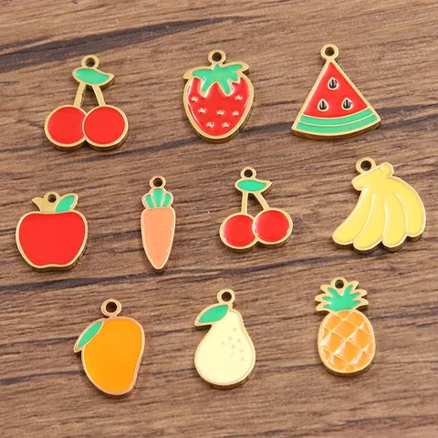 304 Stainless Steel Gold Plated Fruit Charms Enameled Strawberry Apple Cherry Pendants For DIY Jewelry Making Accessories