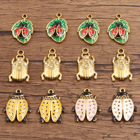 Stainless Steel Gold Plated Enamel Beetle Ladybug Charm Pendant Rhinestone Insect Drop Oil Craft For DIY Jewelry Earring Bracelet Crafting Making Findings