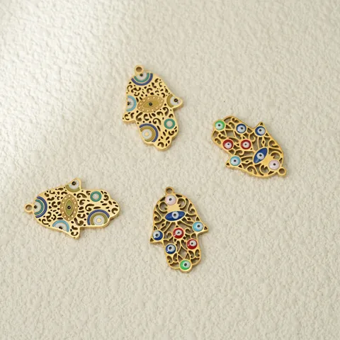 Pendentif Main de Hamsa en Acier Inoxydable Émail Peint à la Main Oeil du Diable Amulette Or Charme Creux pour Création de Bijoux DIY