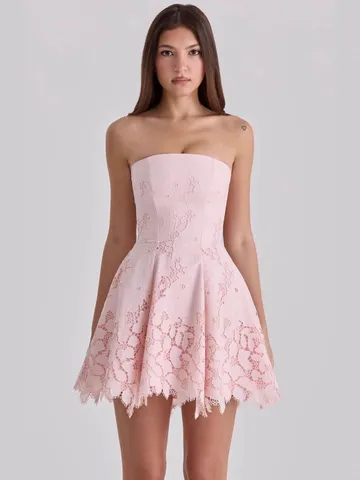 Women Sexy Strapless Hollow Out Bodycon Mini Dress Solid Color Lace Trim Polyester Sleeveless Summer Dress For Vacation Party