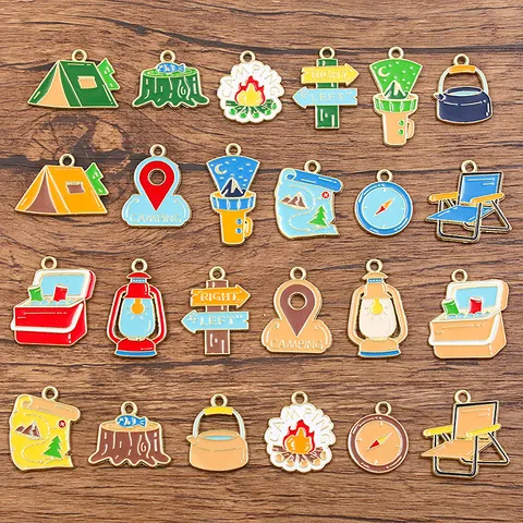 Breloques en Émail en Alliage DIY pour la Fabrication de Bijoux Série Aventure en Plein Air en Or KC Tente Lanterne de Camping Boussole Pendentifs pour Bracelets Colliers