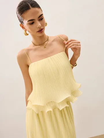 Women Summer Pleated Cami Dress Elegant Square Neck Ruffle Hem Sleeveless Mini Dress Fashion Solid Color Vacation Casual Dress