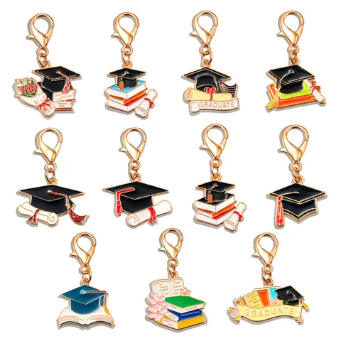 Vintage Alloy Graduation Charm Pendant Set Graduation Cap Book Scroll Floral Keyring Accessories DIY Jewelry Findings