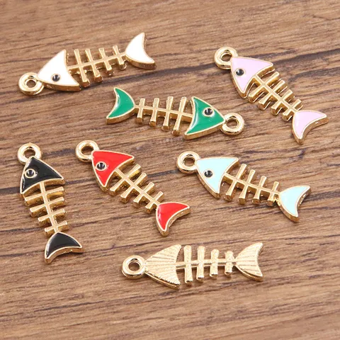 DIY Alloy Enamel Fish Bone Charms Jewelry Making KC Gold Drip Oil Animal Pendants Necklace Bracelet Keychain Accessories