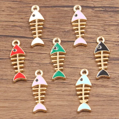 DIY Alloy Enamel Fish Bone Charms Jewelry Making KC Gold Drip Oil Animal Pendants Necklace Bracelet Keychain Accessories