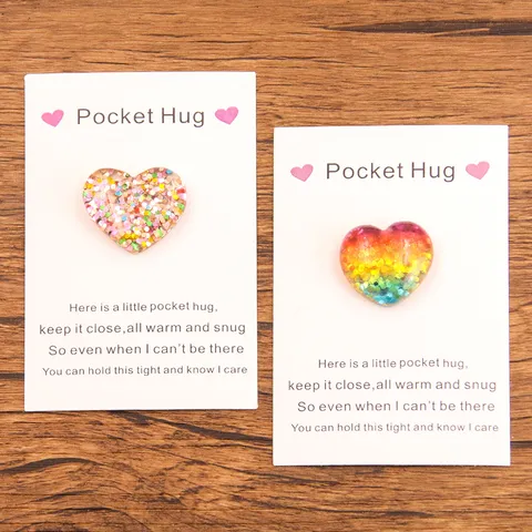 Pocket Hug Colorful Glitter Resin Heart Token With Message Card Christmas Birthday Gift For Friends Family Love Token