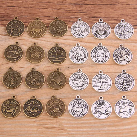 Breloques Vintage en Alliage Douze Signes du Zodiaque Pendentifs Ronds Boussole Étoilée Électroplaqué Breloques en Métal pour la Fabrication de Colliers et Bracelets DIY Fournitures
