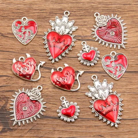 Retro Gothic Heart Alloy Charms Pendants For Jewelry Making DIY Red Enamel Wings Rose Heart Charms For Earrings Necklaces
