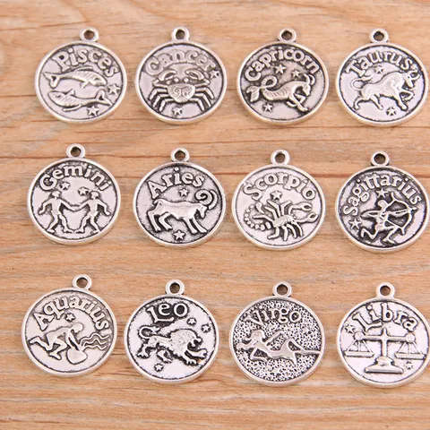 Breloques Vintage en Alliage Douze Signes du Zodiaque Pendentifs Ronds Boussole Étoilée Électroplaqué Breloques en Métal pour la Fabrication de Colliers et Bracelets DIY Fournitures