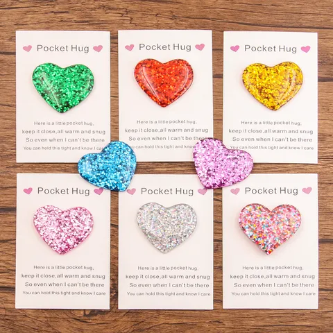 Pocket Hug Heart Resin Ornament With Warm Poem Card Glitter Heart Desktop Decor Token Gift For Christmas Valentine Birthday