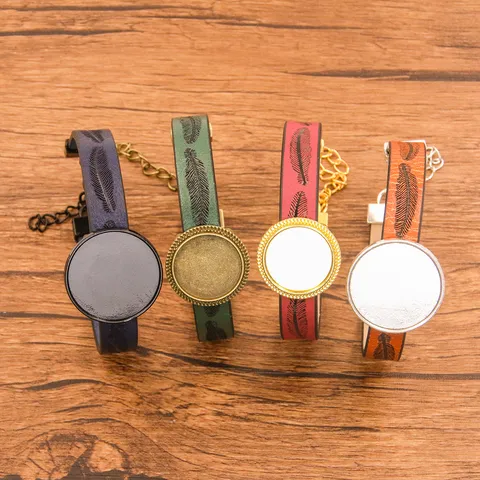 Einfache Mode PU-Leder Legierung Tablett Armband Für Damen Blanko DIY Armband Mit Feder Muster Verstellbare Schmuck Armband