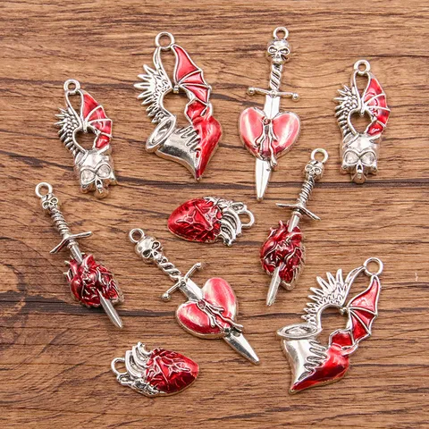 Ciondoli in Lega Vintage Teschio e Cuore Smaltati per Creazione Gioielli Fai da Te Ciondoli a Cuore in Smalto Rosso Gotico per Donna