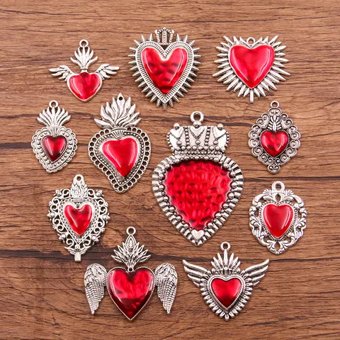 Vintage Gothic Heart Wing Alloy Charms For DIY Necklace Earrings Making Red Enamel Sacred Heart Crown Flame Pendants Jewelry Accessories