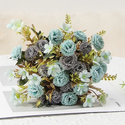 Mazzo di Fiori Artificiali Garofano Lillà Fiori Finiti Plastica Seta Decorazione per la Casa Festa di Matrimonio Composizione Floreale