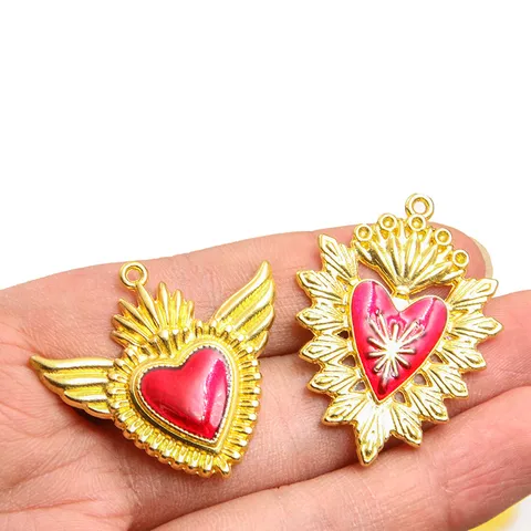 Vintage Zinc Alloy Red Enamel Sacred Heart Charms For DIY Jewelry Making Halloween Wing Flame Heart Pendant Accessories