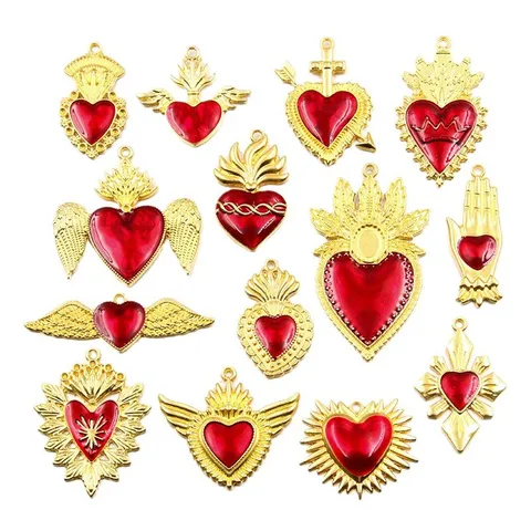 Vintage Zinc Alloy Red Enamel Sacred Heart Charms For DIY Jewelry Making Halloween Wing Flame Heart Pendant Accessories
