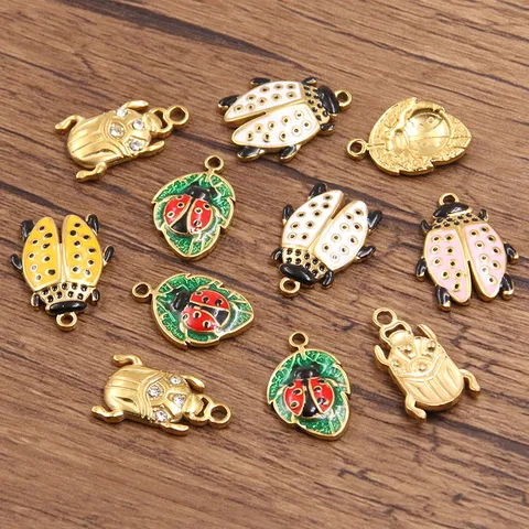 Stainless Steel Gold Plated Enamel Beetle Ladybug Charm Pendant Rhinestone Insect Drop Oil Craft For DIY Jewelry Earring Bracelet Crafting Making Findings