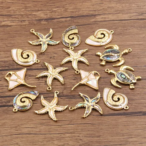 Stainless Steel Shell Marine Life Pendants DIY Charms For Jewelry Making Sea Star Turtle Conch Stingray Necklace Earring Accessories