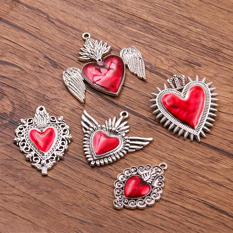 Vintage Gothic Heart Wing Alloy Charms For DIY Necklace Earrings Making Red Enamel Sacred Heart Crown Flame Pendants Jewelry Accessories