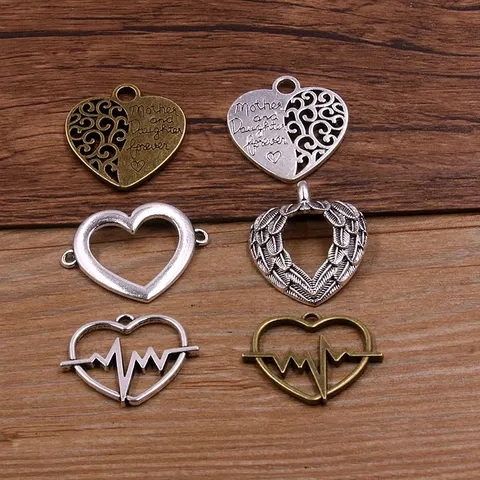 Vintage Alloy Heart Pendant Charms Hollow Lightning Heartbeat Pulse Connector Wings Mother Daughter Charm For Jewelry Making DIY Accessories