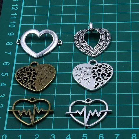 Vintage Alloy Heart Pendant Charms Hollow Lightning Heartbeat Pulse Connector Wings Mother Daughter Charm For Jewelry Making DIY Accessories